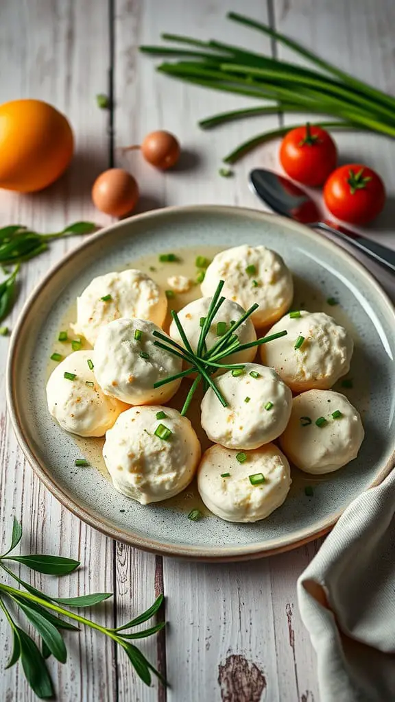 Fluffy cottage cheese egg white bites garnished with chives on a plate.