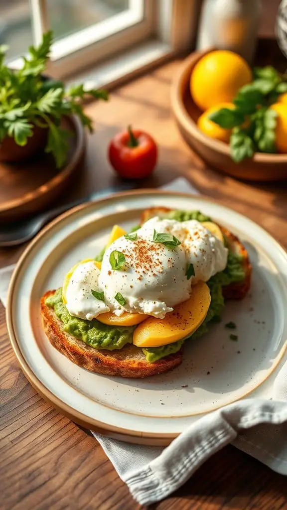 A plate of avocado toast topped with scrambled eggs and cottage cheese