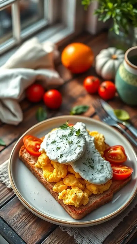 Cottage cheese eggs and tomato toast topped with herbs