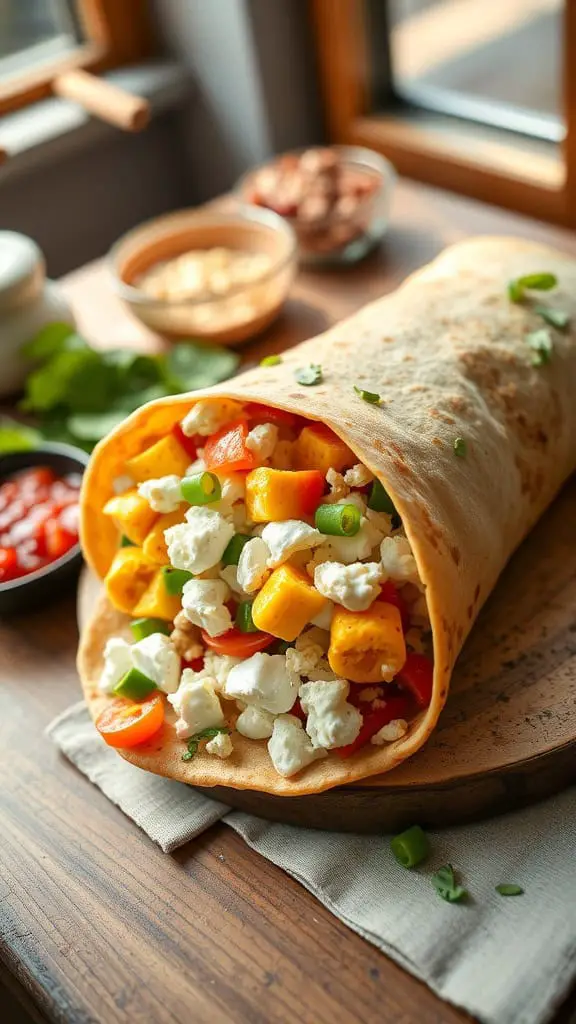 A delicious breakfast burrito filled with scrambled eggs, cottage cheese, and colorful veggies.