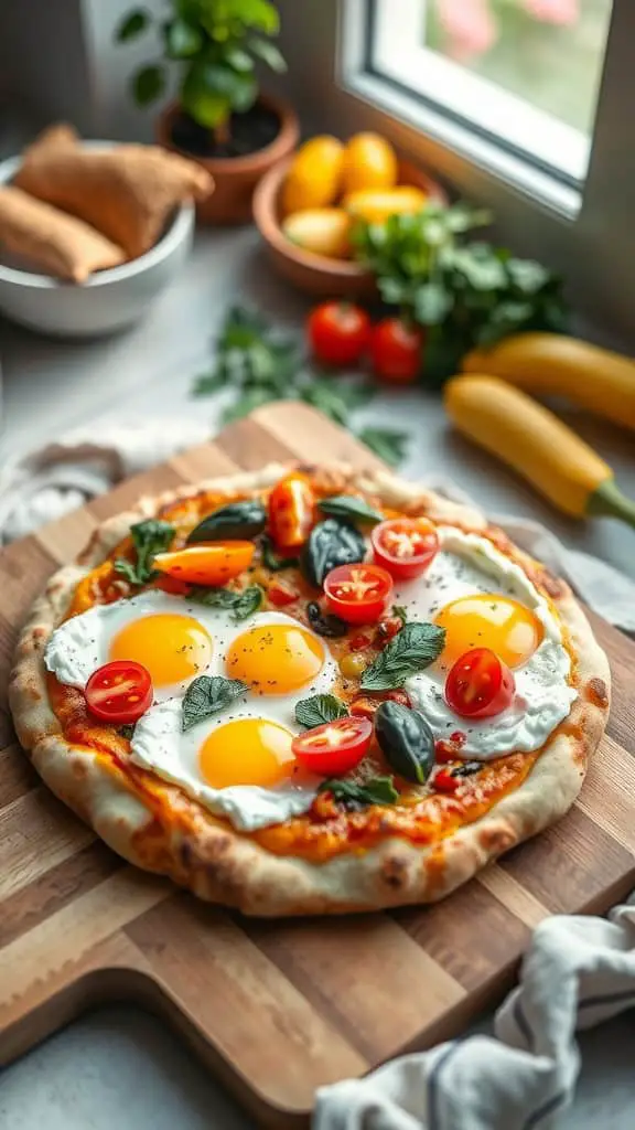 Delicious breakfast pizza topped with eggs, cottage cheese, cherry tomatoes, and fresh spinach.