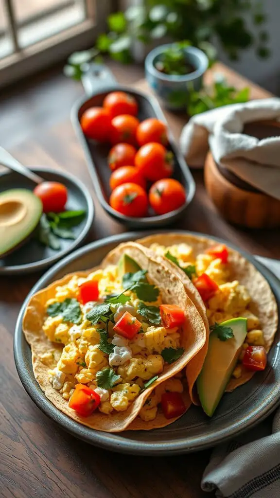 Cottage cheese eggs breakfast tacos with fresh tomatoes and avocado
