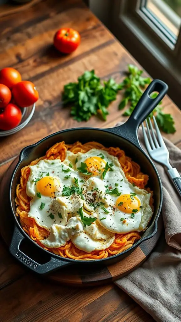 A cooked hash brown skillet topped with scrambled eggs and garnished with parsley.