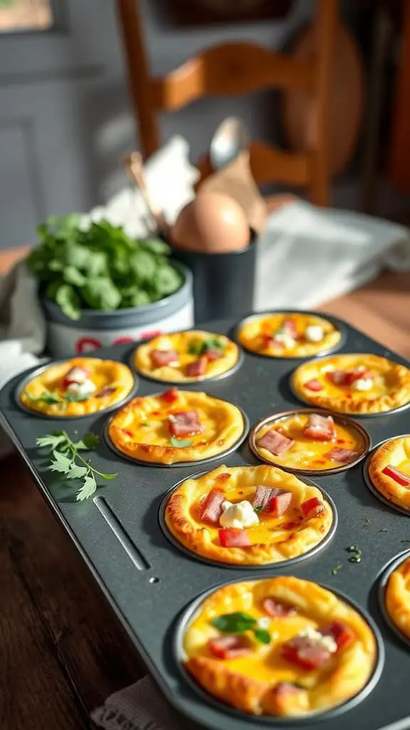 Cottage Cheese Eggs Quiche Cups in a muffin tin, featuring diced ham and cheese.