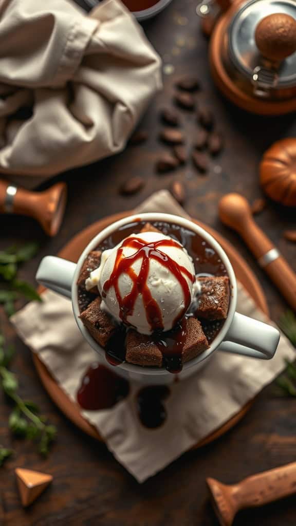 A delicious cottage cheese mug brownie topped with ice cream and chocolate syrup, served in a cozy setting.