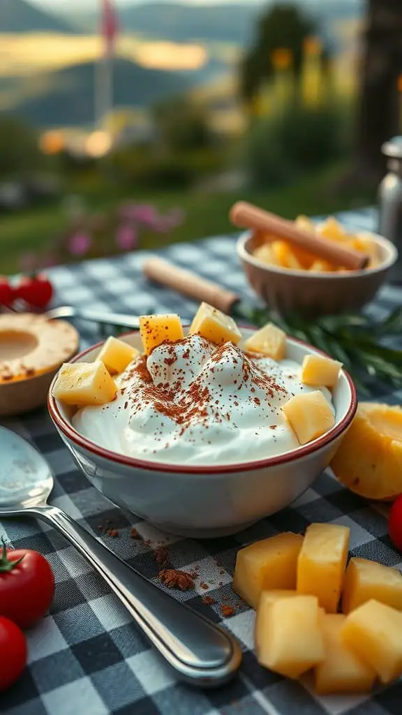 Bowl of cottage cheese topped with pineapple and cinnamon