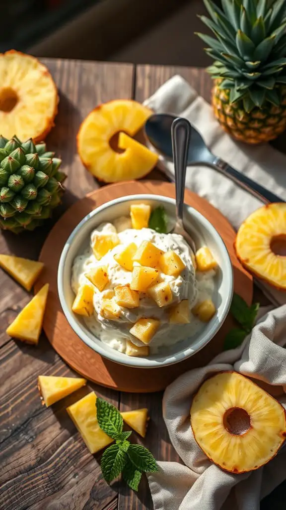A bowl of cottage cheese topped with diced pineapple and garnished with mint.
