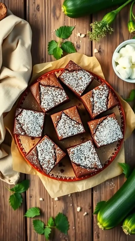 Delicious looking brownies made with zucchini and cottage cheese, garnished with powdered sugar.