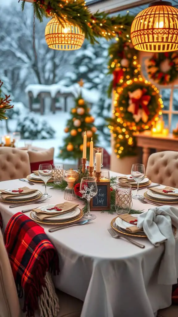 Cozy winter dinner party setup with a beautifully decorated table, candles, and a Christmas tree in the background.