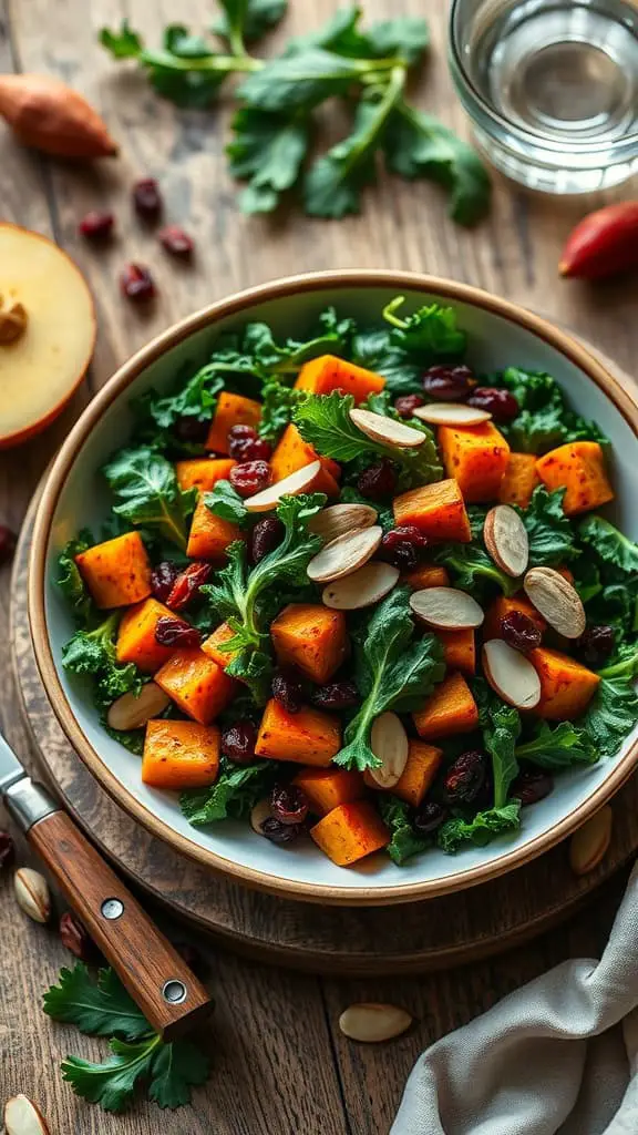 A vibrant salad featuring kale, roasted sweet potatoes, dried cranberries, and almonds.