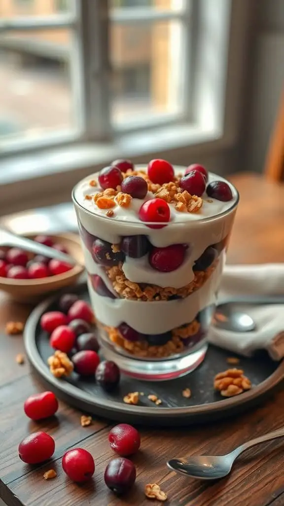 Cranberry Crunch Yogurt Parfait with layers of yogurt, cranberries, and walnuts