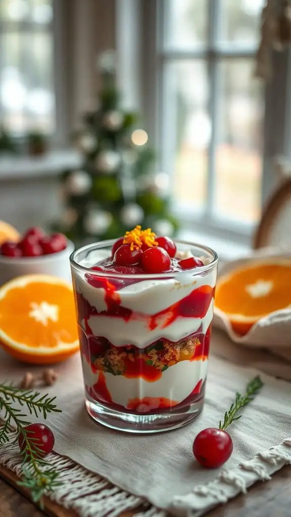 Cranberry orange parfait with layers of yogurt, cranberry sauce, and orange zest