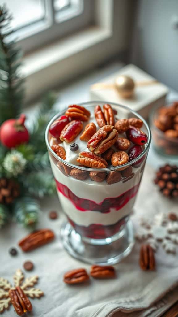 Cranberry Pecan Yogurt Parfait with layers of Greek yogurt, dried cranberries, and candied pecans