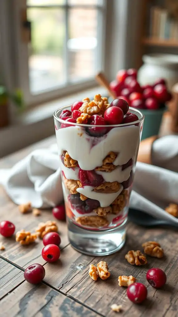 Cranberry Walnut Parfait with layers of yogurt, cranberries, and walnuts in a glass.