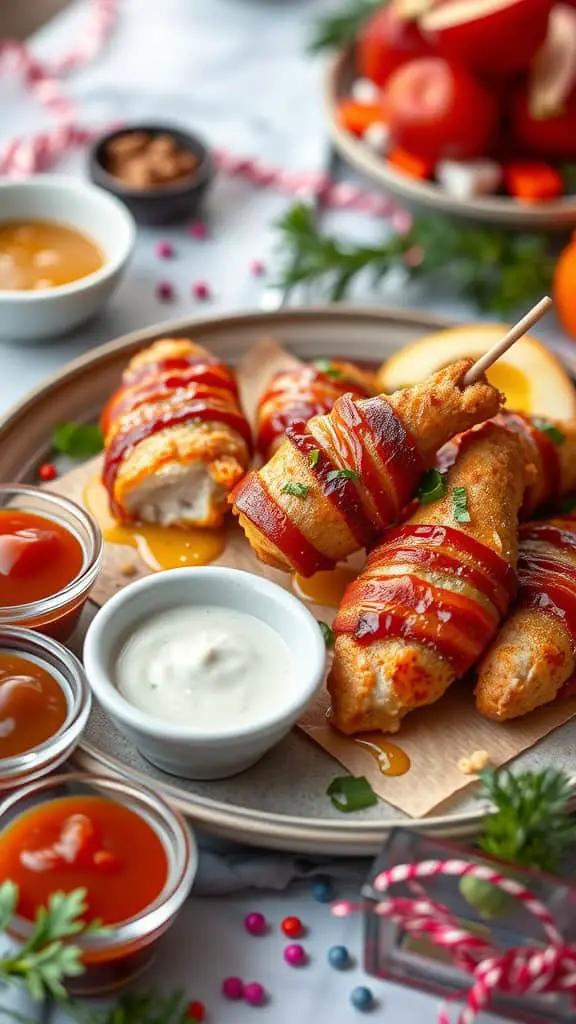 Crispy bacon-wrapped chicken tenders with honey glaze and dipping sauces