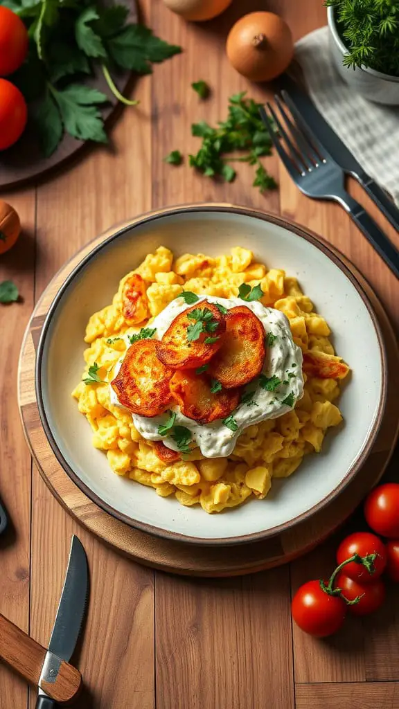 Crispy Potato Scrambled Eggs with Cottage Cheese served in a bowl with fresh ingredients around.