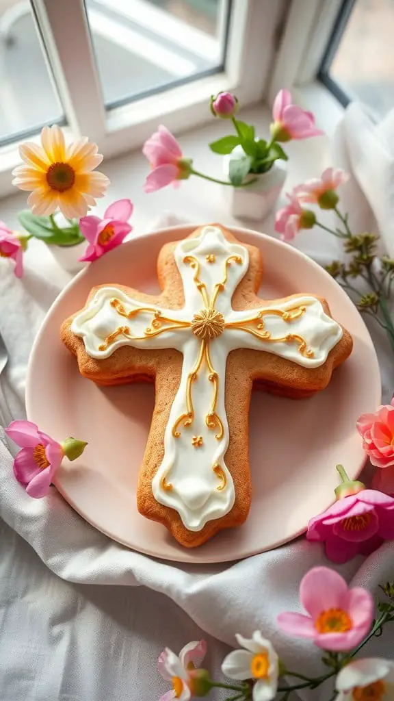 Decorative cross-shaped cookie cake with white icing and gold accents