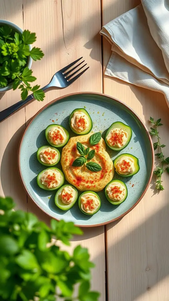 Cucumber and hummus bites arranged beautifully on a plate, garnished with herbs.