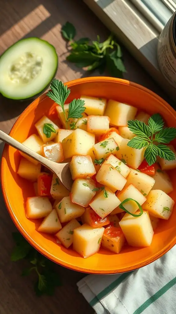 A colorful cucumber cold potato salad with diced potatoes, cucumber, and herbs in an orange bowl.