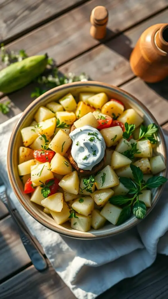 A bowl of cucumber potato salad with diced cucumbers, potatoes, and sour cream, garnished with fresh herbs.