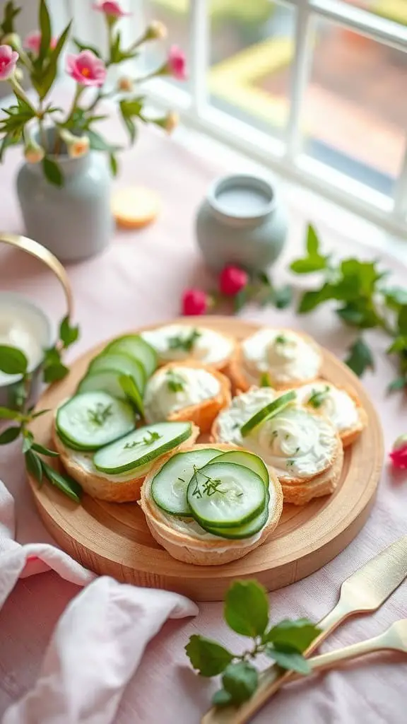 A plate of cucumber sandwiches with cream cheese and fresh herbs