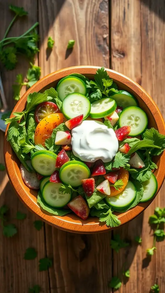 A fresh spring mix salad with cucumber and colorful vegetables topped with Greek yogurt dressing in a wooden bowl.