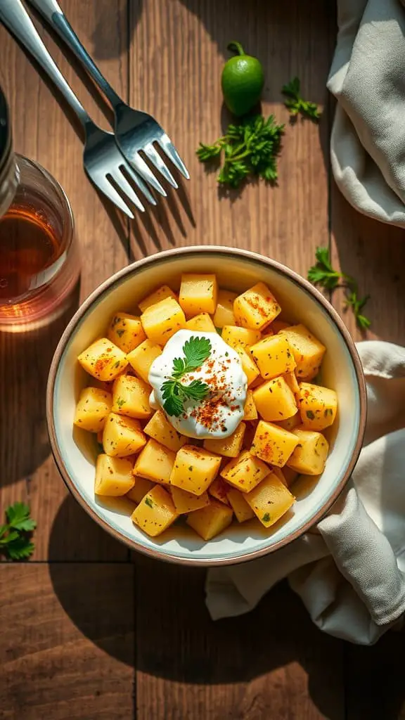 Curry-flavored potato salad with sour cream and spices