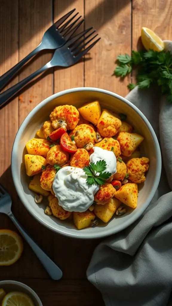 A bowl of curry keto potato salad with cauliflower, Greek yogurt, and colorful vegetables.