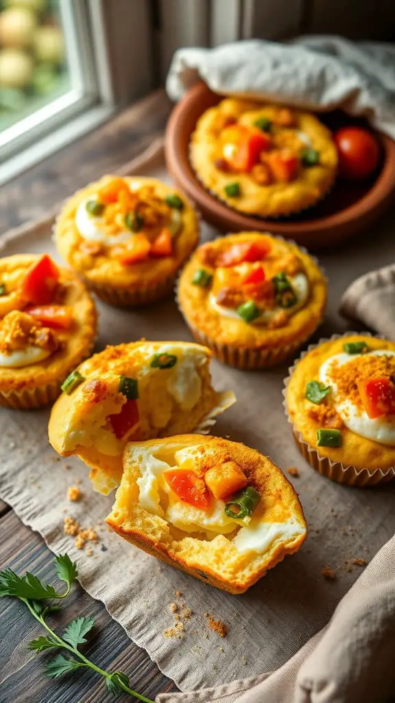 Curry Veggie Egg White Muffins freshly baked and topped with colorful vegetables.