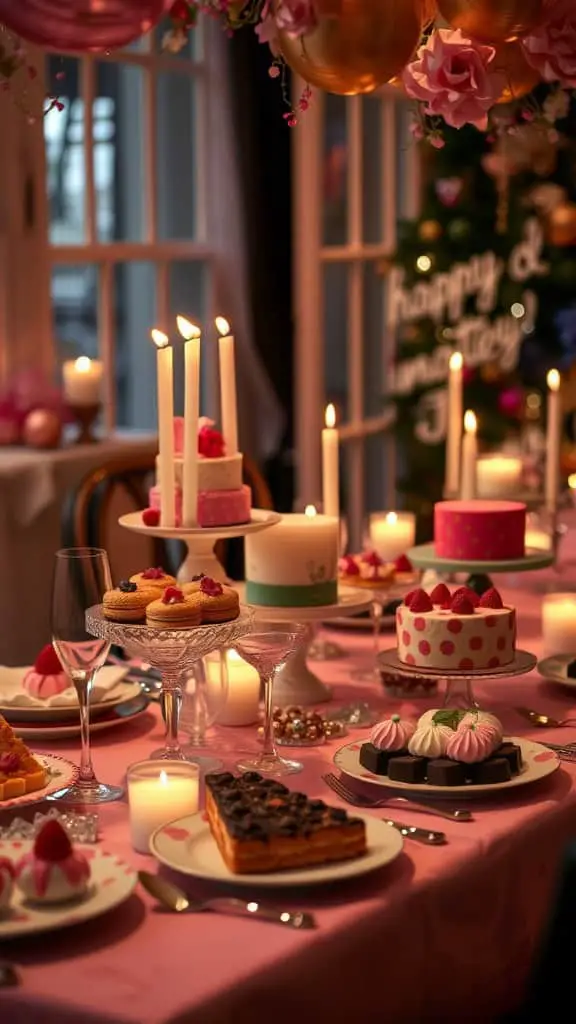 A beautifully arranged dessert table featuring various cakes, pastries, and candles, creating a warm atmosphere.