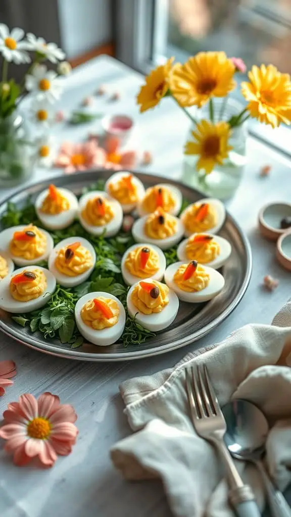 A platter of deviled egg chicks decorated with carrot beaks, surrounded by lettuce and flowers.