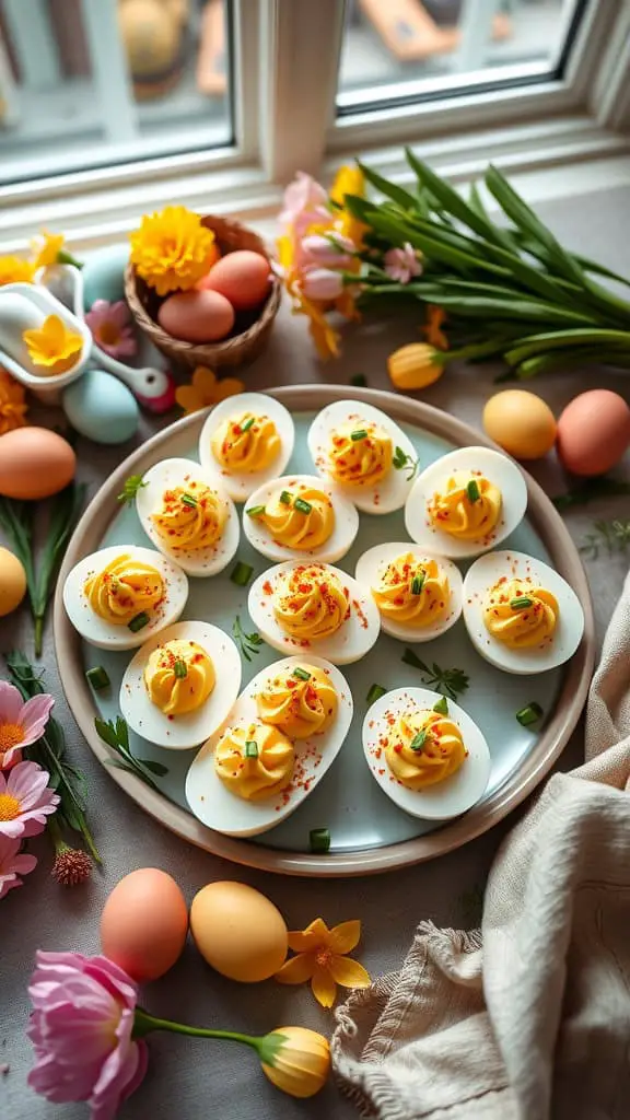 A platter of beautifully decorated deviled eggs garnished with paprika and chives, surrounded by colorful Easter eggs and flowers.