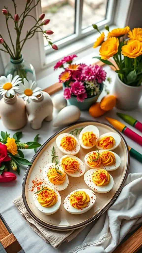 A platter of beautifully decorated deviled eggs garnished with paprika and herbs, surrounded by flowers and easter decorations.