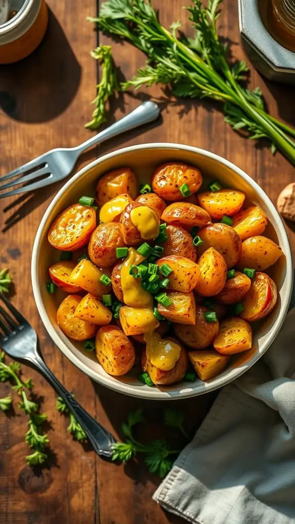 A bowl of crispy smashed potatoes drizzled with Dijon honey mustard dressing and topped with green onions.