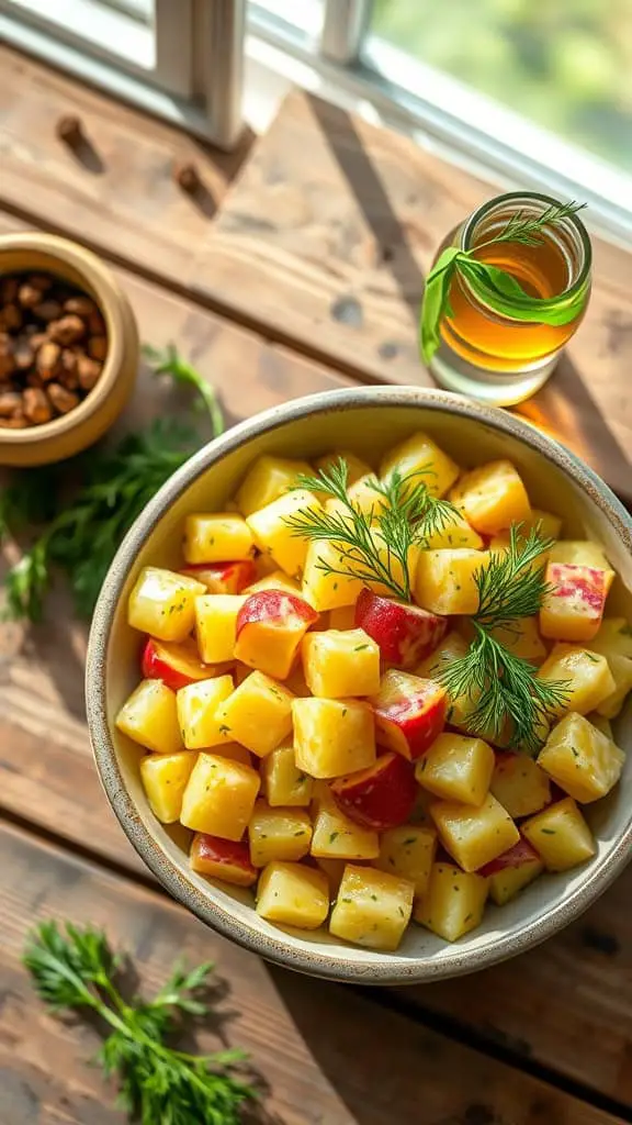 Dijon mustard cold potato salad with dill and diced potatoes in a bowl