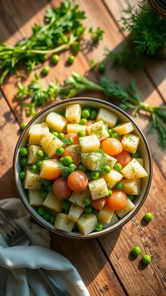 A bowl of dill-enhanced Russian potato salad with diced potatoes and peas.