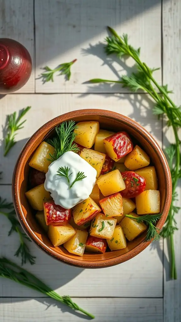 Bowl of dill-smoked potato salad with sour cream and fresh dill