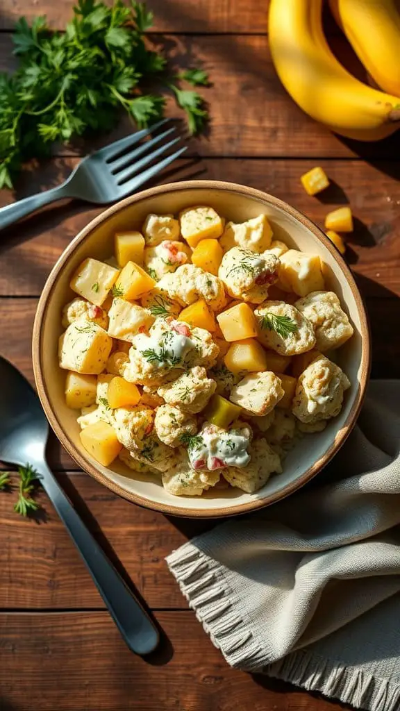 A bowl of Dill Pickle Keto Potato Salad featuring cauliflower, dill pickles, and creamy dressing.