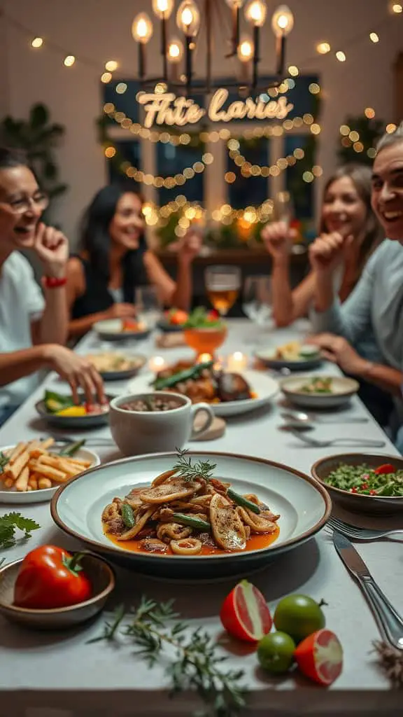 A lively dinner party with friends enjoying food and playing charades.