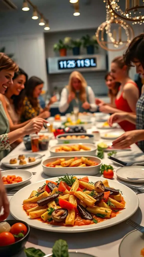 Friends enjoying a dinner party with various dishes on the table, highlighting a cooking competition theme.