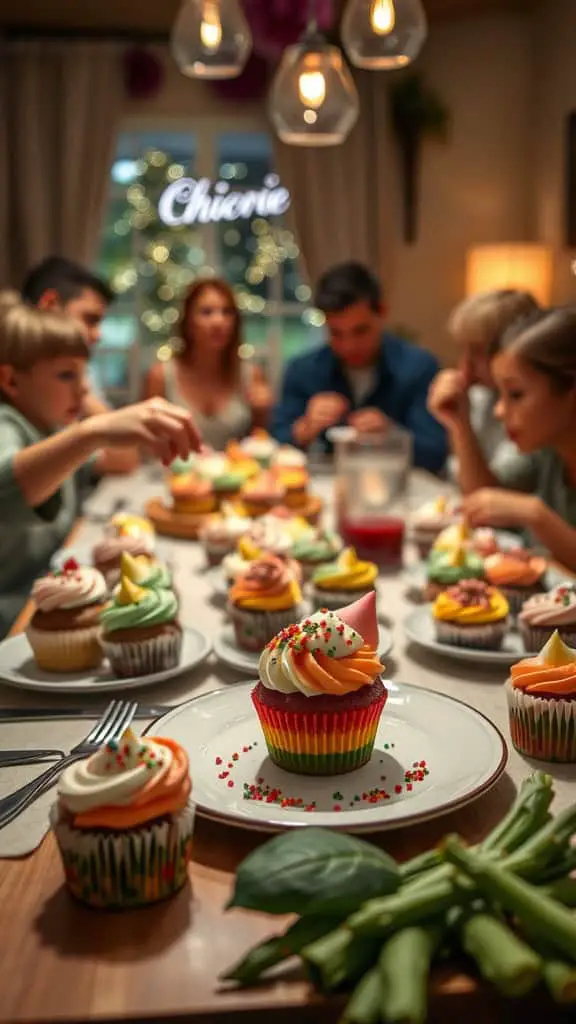 A group of people decorating colorful cupcakes at a dinner party.