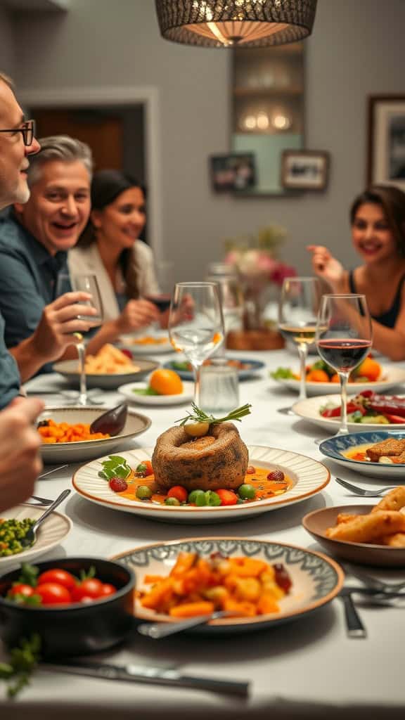 A lively dinner party scene with friends enjoying food and drinks around a well-set table.