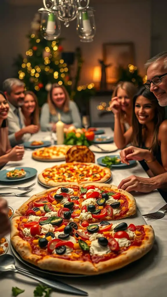 A group of friends enjoying a DIY pizza contest at a dinner party with various pizza toppings displayed on the table.