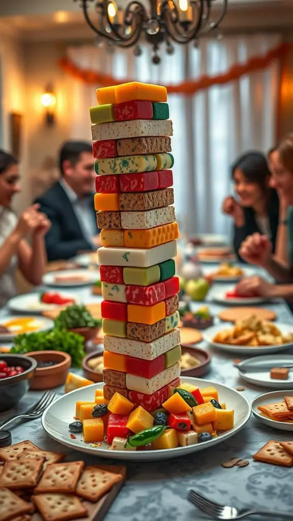 A colorful tower made of cheese cubes and crackers, surrounded by people enjoying a dinner party.