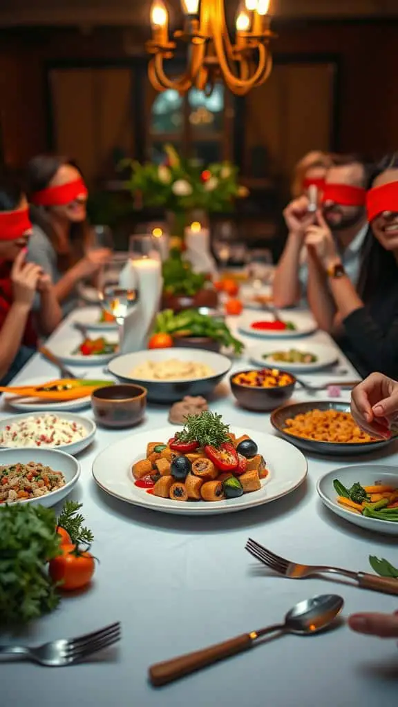 Dinner party guests blindfolded, guessing ingredients in various dishes on the table.