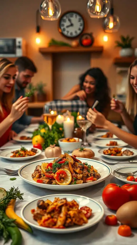 A dinner party table filled with friends enjoying a meal together, showcasing a variety of colorful dishes.