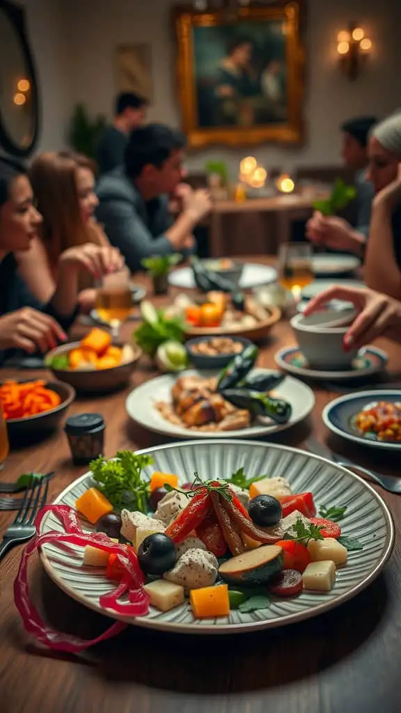 A beautifully plated dish with colorful ingredients, surrounded by guests enjoying a lively dinner party.