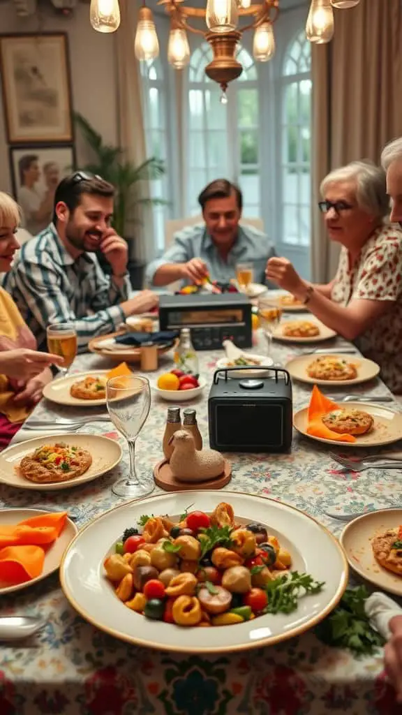 A lively dinner party scene with friends enjoying food and drinks at a table.