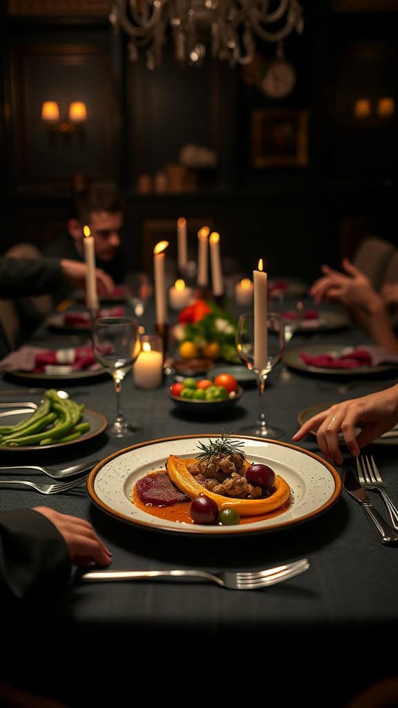 A beautifully set dinner table with elegant dishes and candlelight, perfect for a murder mystery dinner party.