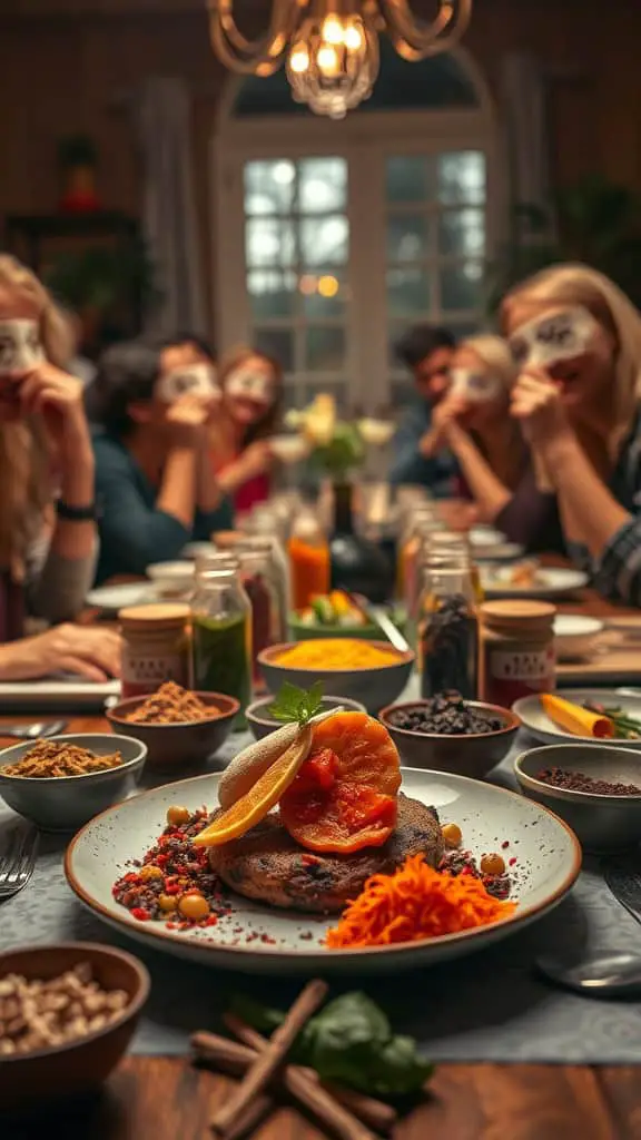 Guests participating in a spice guessing game at a dinner party.